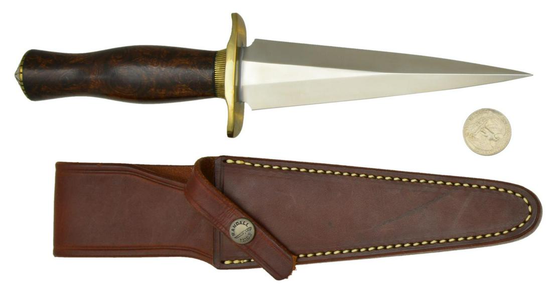 RANDALL MADE MODEL 13 SMALL ARKANSAS: TOOTHPICK KNIFE. Overall: 11". Dbl. edged stainless steel 6" blade. Brass dbl. hilt & scalloped collar. Ironwood commando shaped handle. Brass scalloped coolie cap. UNATTACHED ACCESSORIES: "13 6" mark