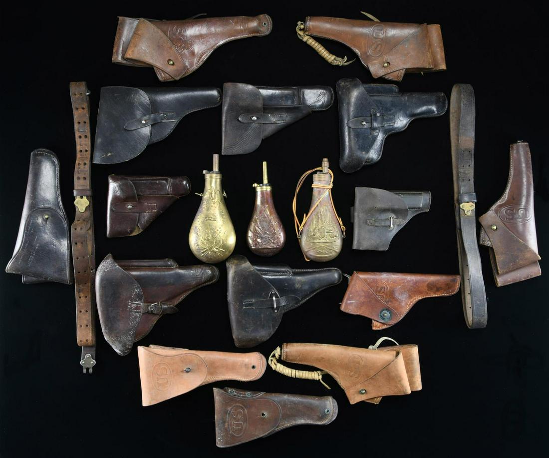 15 HOLSTERS & 3 POWDER FLASKS.: HOLSTERS: Hoyt 1917 dated M1911 brown leather holster. Boyt 43 dated Victory Model style holster. Black leather US 1911 style holster. Milwaukee Saddlery Co. 1944 dated M1911 leather holster. G&K 1917