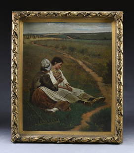 IN THE MANNER OF CHARLES SPRAGUE PEARCE (1851-: 1914) YOUNG COUPLE BY HAYFIELD. 2nd half 19th century. Oil on canvas depicting a young woman and man seated in grassy field beside haystacks in a serious discussion with hay rake laying in foreground.