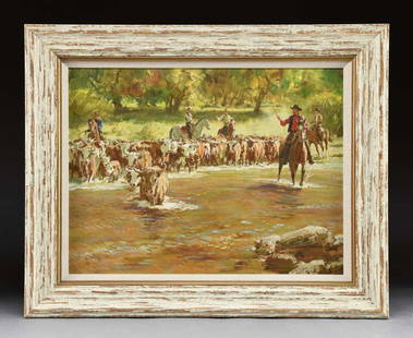 DONALD TEAGUE (1897-1991, American) COWBOYS AT: "RIVER CROSSING". Oil on artist board depicting a herd of cattle crossing a river driven by 5 men on horseback with woods in the background and rocks in foreground. Housed in an antique white washed m