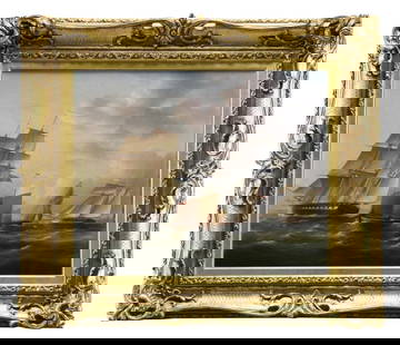 JAMES E. BUTTERSWORTH (1817-1894, American): FRIGATE UNDER FULL SAIL. Oil on canvas depicts a frigate under full sail in a brisk wind, other smaller ships behind, a shoreline in the mid distance under thin clouds and blue sky. Signed lower right