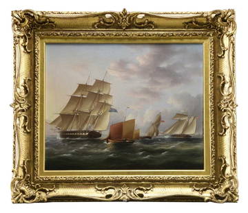 JAMES E. BUTTERSWORTH (1817-1894, American): FRIGATE UNDER FULL SAIL. Oil on canvas depicts a frigate under full sail in a brisk wind, other smaller ships behind, a shoreline in the mid distance under thin clouds and blue sky. Signed lower right