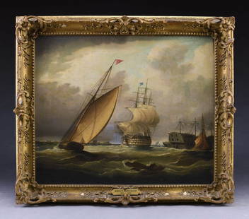 JAMES E. BUTTERSWORTH (1817-1894,: American) FRIGATE AND ENGLISH PRISON HULK. PLEASE NOTE: While this painting is unsigned, it is unquestionably a work by James E. Buttersworth. This unsigned oil on canvas depicts a large three deck fr