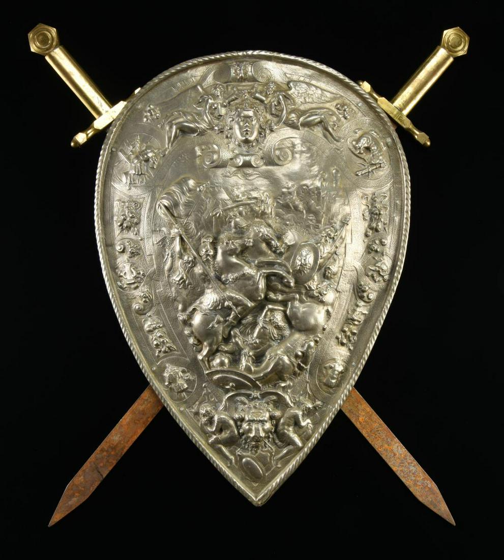CLASSICAL REVIVAL CEREMONIAL SHIELD AND SWORDS. (1 of 4)