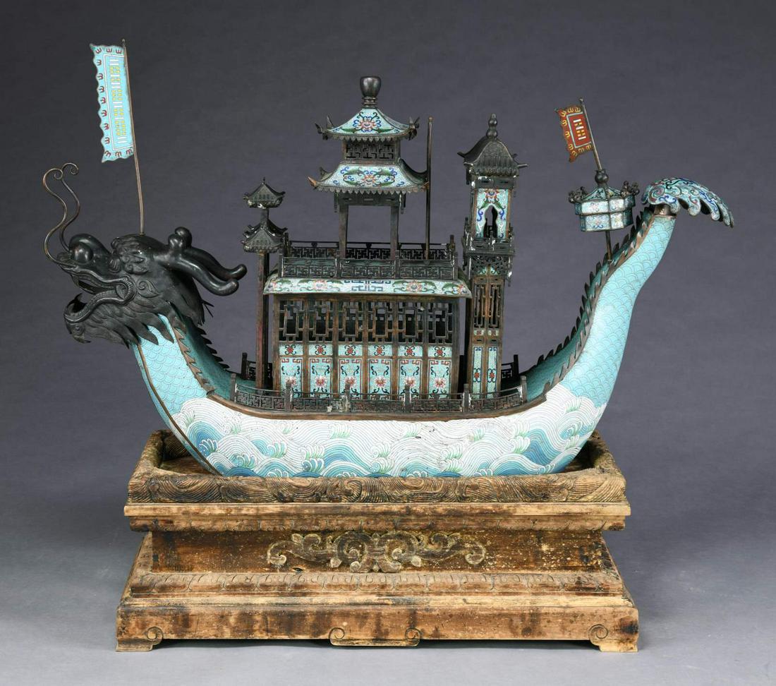 CHINESE CLOISONNE DRAGON BOAT ON CARVED WOOD (1 of 3)