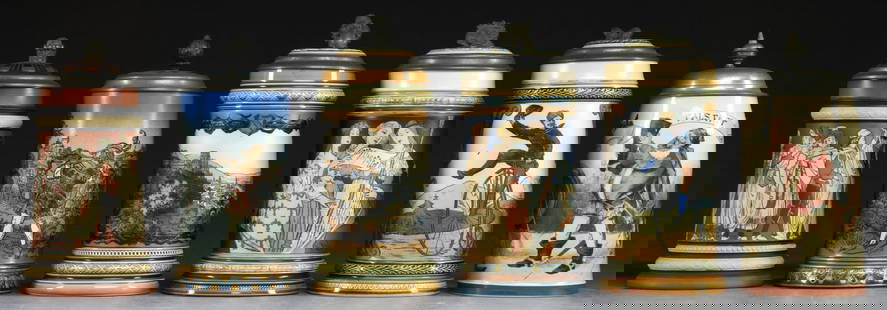 LOT OF 6 METTLACH STEINS.: 1) 1/2 liter lady with harp, #2581. SIZE: 9" to top of thumb rest. CONDITION: very good. 2) 1/2 liter stein with falsteff, #1909. SIZE: 8" to top of thumb rest. CONDITION: very good. 3) 1/2 liter stei