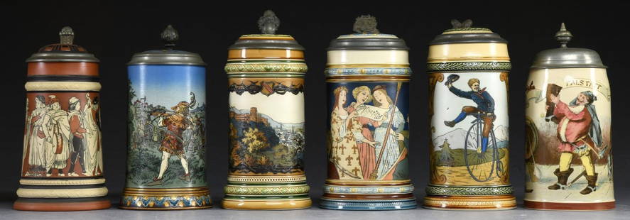 LOT OF 6 METTLACH STEINS.: 1) 1/2 liter lady with harp, #2581. SIZE: 9" to top of thumb rest. CONDITION: very good. 2) 1/2 liter stein with falsteff, #1909. SIZE: 8" to top of thumb rest. CONDITION: very good. 3) 1/2 liter stei