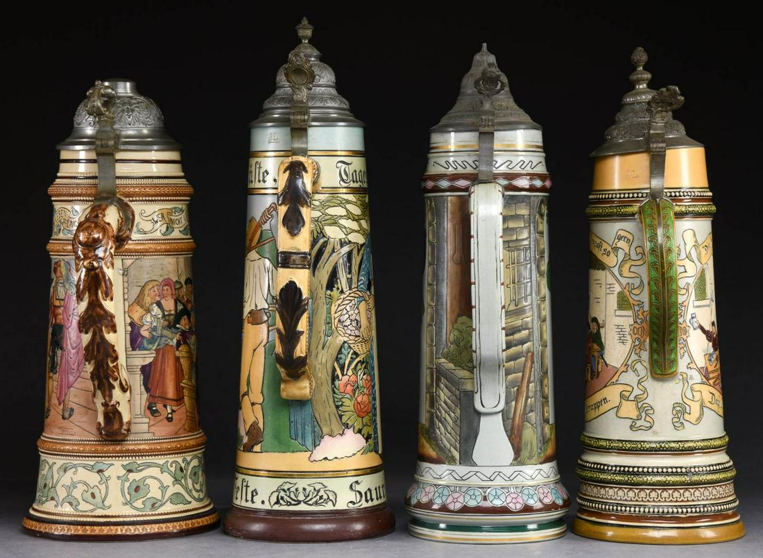 4 LARGE POTTERY STEINS. (1 of 2)