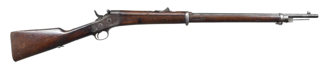 REMINGTON MODEL 1902 ROLLING BLOCK SINGLE SHOT: MILITARY RIFLE. Cal. 7mm Mauser. S# NSN. Bbl. 30" marked on top ahead of handguard "CAL 7MM". Edwards patent tangent ladder rear sight. Inverted V front sight dovetailed into fixed base. Receiver mark