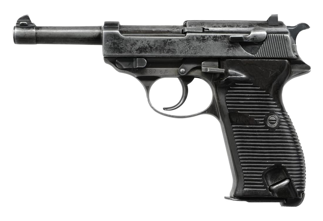 GERMAN WORLD WAR II WALTHER P.38 SEMI-AUTOMATIC: PISTOL. Cal. 9x19mm Parabellum. S# 2487c. Bbl 4 -7/8". Reapplied black enamel finish with 2-piece grooved pressed resin grips. "ac/41" code on left side of slide. No matching numbers present. CONDITIO