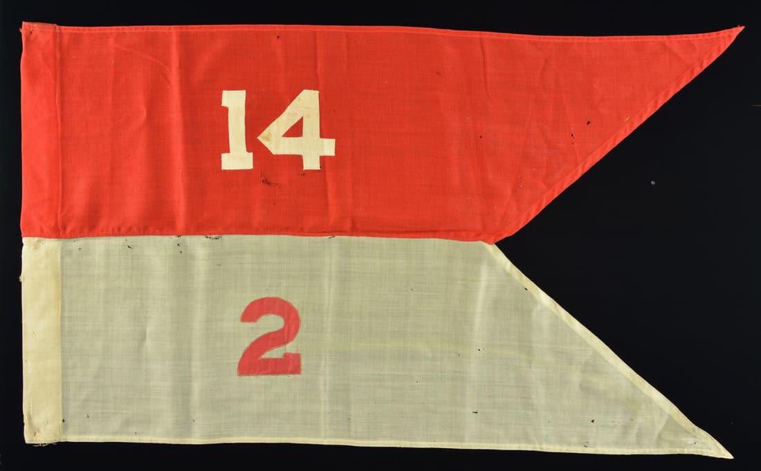 RARE 14TH US CAVALRY, 2ND BATTALION GUIDON, "IN: PURSUIT OF PANCHO VILLA". 25" x 42" red over white bunting, double applique red & white numbers. This style of cavalry guidon dates back to mid 19th century prior to Civil War. This is rare example wi