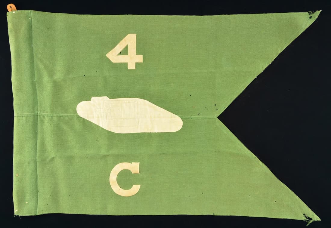 4TH TANK BRIGADE? WW2 ERA GUIDON.: 20" x 28", green bunting fiend which is correct for tank units, regulation size guidon after 1931. Philadelphia QM depot inspection label. CONDITION: good to very good, with moderate to heavy mothing 