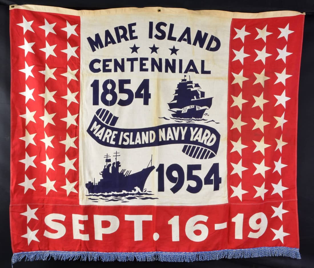 1854-1954 CENTENNIAL FLAG FOR MARE ISLAND US NAVAL: BASE. 5x6' multi-panel screened bunting, blue & white fringe. CONDITION: very good overall, light soiling & staining. (02-19473-79/JS). $100-200.