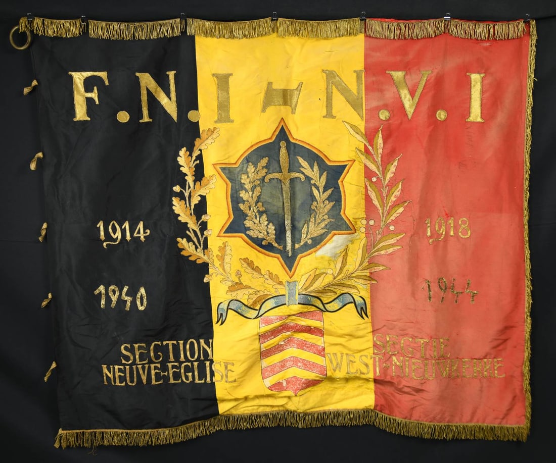 WORLD WAR 1 BELGIUM VETERANS FLAG.: 46" x 58" German black, yellow & red tricolor single side appliqued bullion embroidered. 1914-1940 & 1918-1944 "National Federation of War Invalids". CONDITION: fair, some losses of applied silk panel