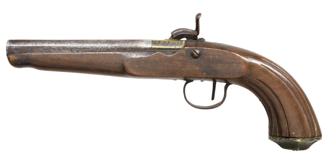 UNMARKED PERCUSSION PISTOL.: Cal. .72. S# NSN. Bbl 5 7/8". Brass breech and pommel w/ iron bbl, lock, cock, and trigger guard. Wood stock. Metal components are unmarked aside from a light dot border present around the lock and ha
