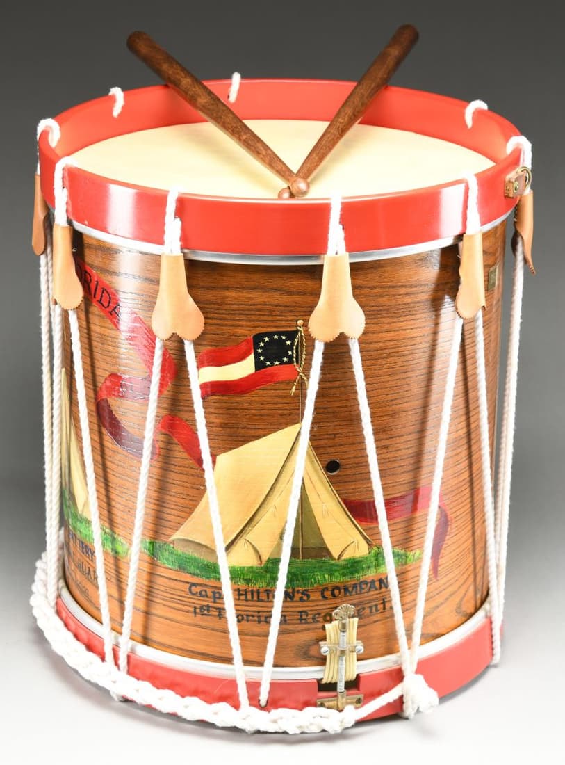 CENTENNIAL ERA CONFEDERATE REENACTOR'S DRUM & FLAG: 1) 3'x5' all machine-sewn 7-star First national flag. Double applique sewn stars and unit markings: "1ST FLORIDA REGIMENT / CAPT. GEES CO / QUINCY FLORIDA 1861". 2) Regimental drum, 18.5" x 16.5" fine