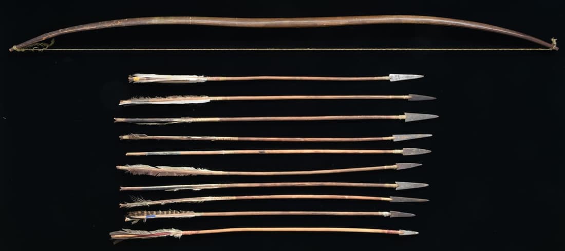 NATIVE AMERICAN BOW AND NINE IRON TIPPED ARROWS.: Bow 45" overall, twisted sinew bow string is frayed, nine arrows are similar make, about 26" each overall, sinew tied feathers & iron points. CONDITION: good overall, bow very good overall with hand w