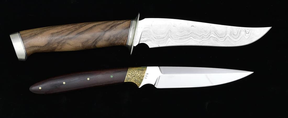2 RODNEY ROGERS CUSTOM KNIVES.: 1) SKINNING KNIFE. Overall: 11". Damascus 5 3/4" blade, Nickel silver dbl. hilt & bird's head pommel. Hardwood handle. CONDITION: near excellent w/ light verdigris on edges of hilt. 2) PERSONAL STYLE 