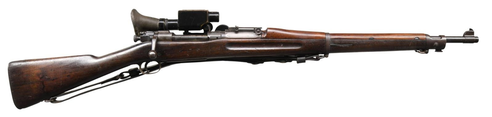 US WWI SPRINGFIELD 1903 BOLT ACTION: MILITARY RIFLE EQUIPPED WITH WARNER & SWASEY TELESCOPIC SIGHT. Cal. 30-06. S# 598051. Bbl. 24". Marked behind front sight "SA" "flaming bomb" "12-14". This rifle manufactured in 1914 with a correct ba