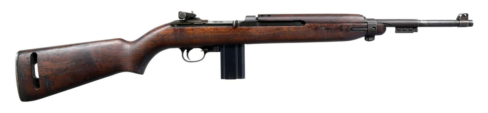 US WWII WINCHESTER M1 SEMI-AUTO MILITARY CARBINE: Cal. 30 Carb. S# 1156271. Bbl. 18" marked approx. 2" behind front sight w/ "W". Stamped adj. rear sight marked "IRCO". Blade front sight w/ protective ears. Bbl. is marked on right side over gas pisto