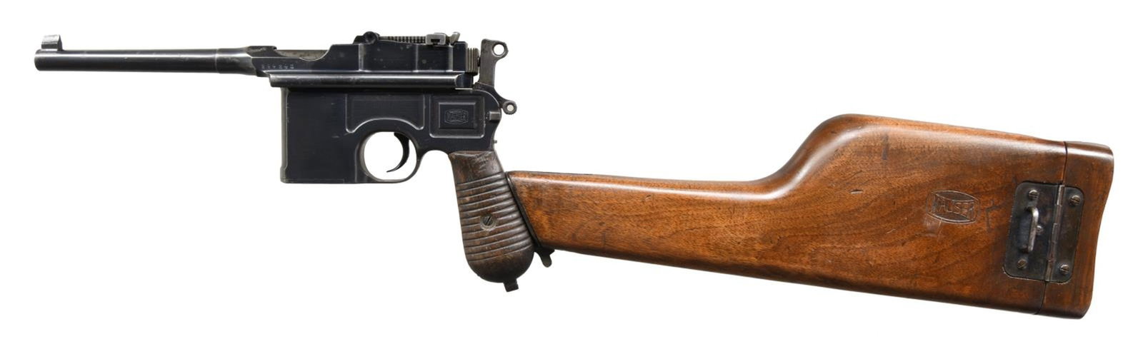 MAUSER C96 BROOMHANDLE, LATE 1930 COMMERCIAL WITH: MAUSER BANNER STOCK. Cal. 7.63mm. S# 894843. Bbl 5 1/2". Desirable late production Mauser C96, this example a 1930 Commercial with solid rails, complete with its original unnumbered shoulder stock. Us