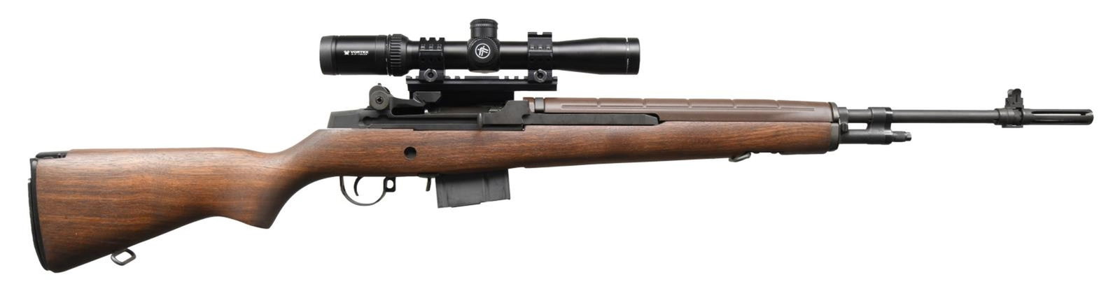 SPRINGFIELD ARMORY M-1A SEMI-AUTO RIFLE: Cal..308 Win. S# 158488. Bbl. 24 7/8 including cage type flash suppressor w/out bayonet lug. Fully adj. aperture rear sight. Blade front sight w/ protective ears. Rifle equipped w/ Springfield Armory 