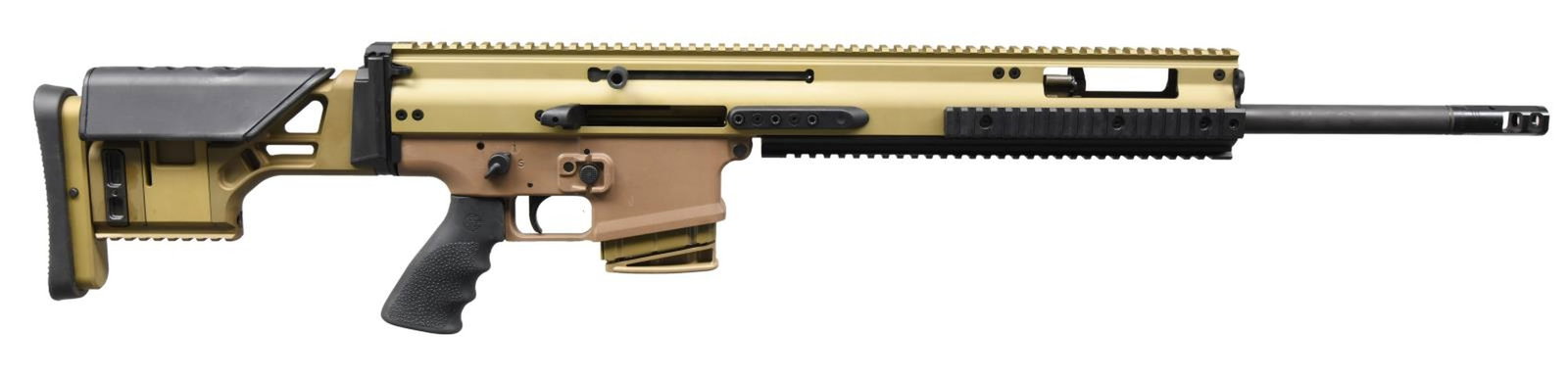 BEAUTIFUL 6.5 CREEDMOOR FDE FN SCAR 20S.: Cal. 6.5 Creedmoor. S# PR24411. Bbl. 20". Short stroke, gas piston operated self loading rifle w/ an extended monolithic receiver providing over 22" of optic mounting space. FDE finish w/ matte black 