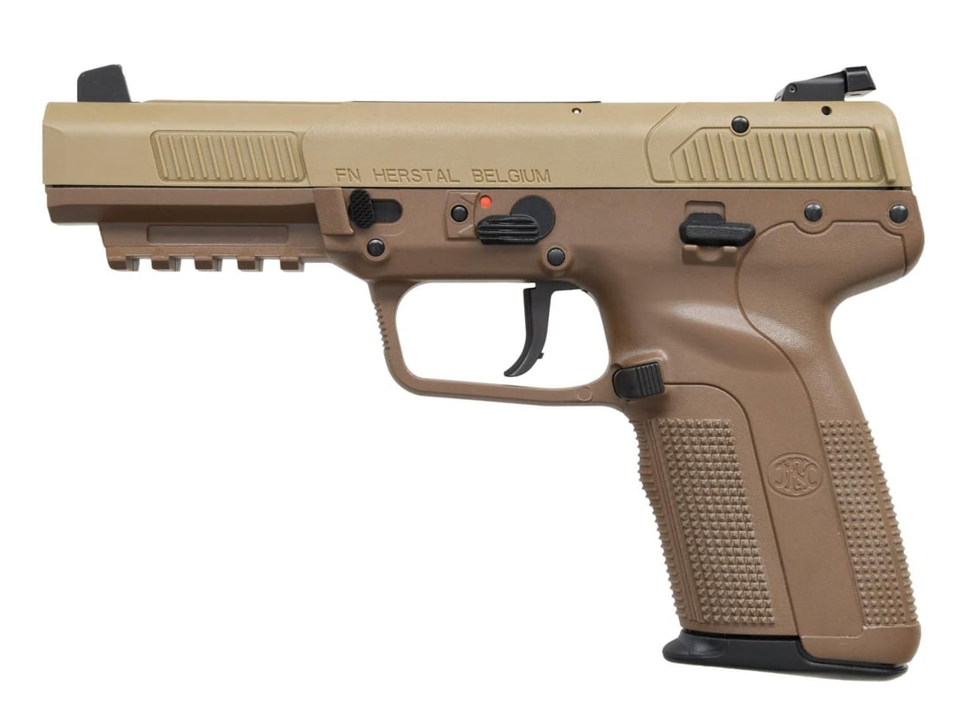 FN FIVE SEVEN MK2P SEMI AUTO PISTOL.: Cal. 5.7x28mm. S# 386422111. Bbl. 4 3/4". Three dot sights w/ adjustable rear. FDE finish. Checkered frame w/ picatinny rail. Factory sticker present on top of slide. MAGS: 2-20 rd. UNATTACHED ACCESSO