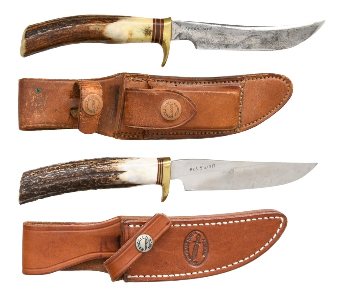 2 RANDALL MODEL 7 - 4 1/2 FISHERMAN HUNTER KNIVES: 1) Overall: 9 1/8". Blade: 4 1/2" w/ sweeping point inscribed on right side "WARREN PAGE". Brass single hilt. Stag handle. Brown leather Randall Made sheath w/ sharpening stone. CONDITION: Good overal