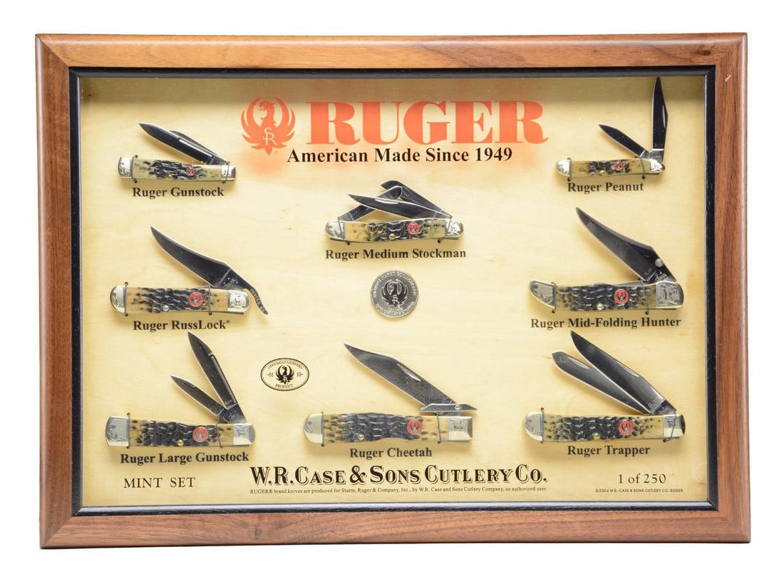 #005 LIMITED EDITION (250) CASE / RUGER POCKET: KNIVES. Commissioned by Ruger in 2004 as limited (only 250 made) display sets of 8 knives mfg. by Case; all have same S#. #005 was Ruger subscription number of "Tom" Ruger who was Bill Ruger, Sr.'s yo