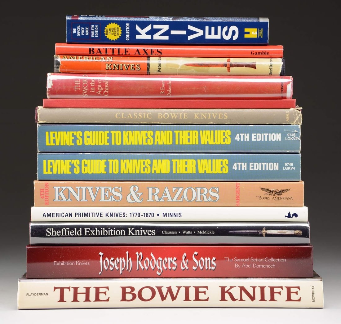 13 BOOKS RELATED TO KNIVES & OTHER EDGED WEAPONS.: 1) The Bowie Knife Unsheathing an American Legend by Norm Flayderman. 2) American Primitive Knives 1770-1870 by Gordon B. Minnis. 3) Sheffield Exhibition Knives by Bill Adams 4) Exhibition Knives Jose
