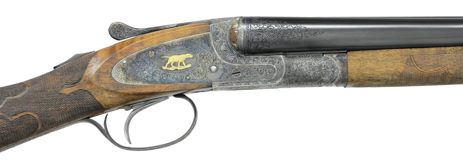 ANGELO BEE PREMIER UPGRADE L. C. SMITH SXS SHOTGUN: Cal. 20 ga. 2 3/4". S# 140677. Beautiful Premier upgrade of a field grade ejector gun with Hunter 1 single selective trigger. By former FN Master Engraver Angelo Bee. Colored featherweight sidelock ac