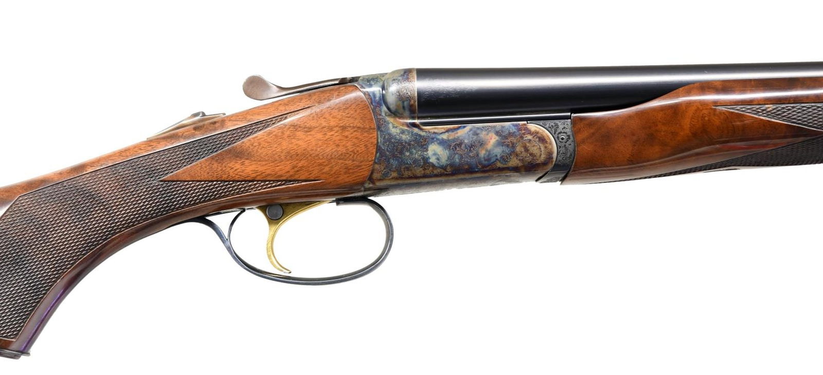 CONNECTICUT SHOTGUN MANUFACTURING CO. RBL-28 SXS: SHOTGUN WITH CASE. Cal. 28 Ga., 2 3/4". S# RBL005731. The 30" bbls. w/ swamped game rib having brass bead. Water table marked for Skeet & Imp. Cyl. chokes. Case hardened boxlock action w/ gold plated 