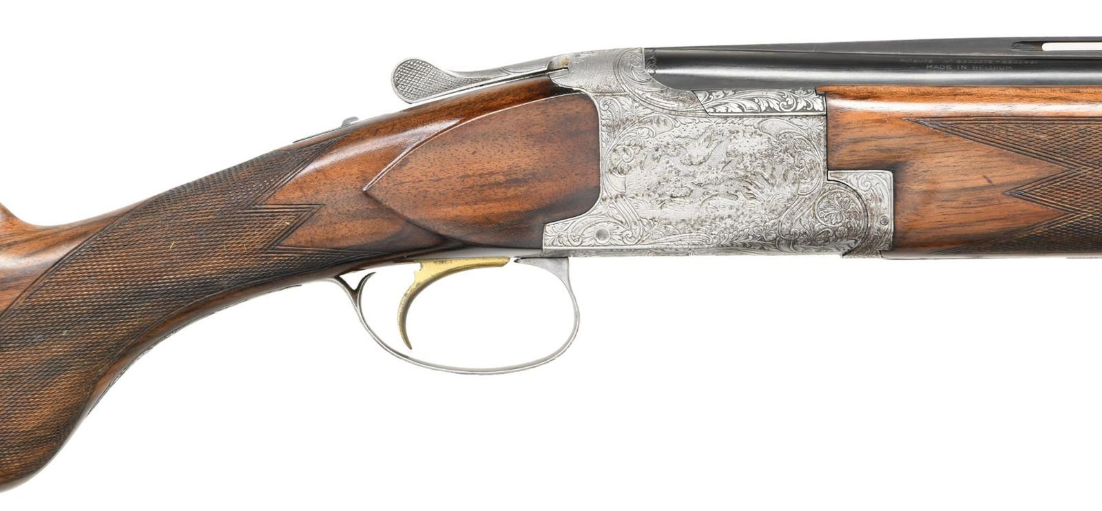 FUNKEN ENGRAVED 20 BORE DIANA GRADE LONG TANG: ROUND KNOB BROWNING SUPERPOSED FIELD SHOTGUN. Cal. 20 Ga. 3" chambers. S# 13897 (1959). The 28" demi-block barrels with narrow matted ventilated rib are marked for modified and full chokes. Browning S