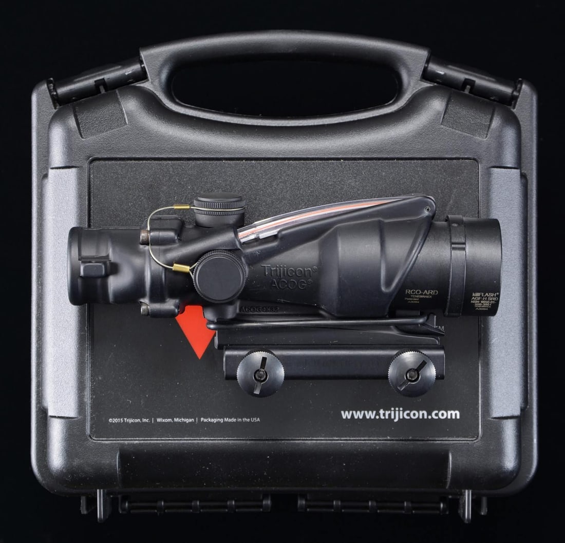 TRIJICON TA31RCO-M4CP ACOG SCOPE WITH MATCHING: FACTORY CASE. TA31RCO-M4CP 4x32 ACOG scope manufactured by Trijicon for use with the US military's M4/M4A1 platform. Aluminum alloy construction with black anodized finish. killFlash anti-reflection d