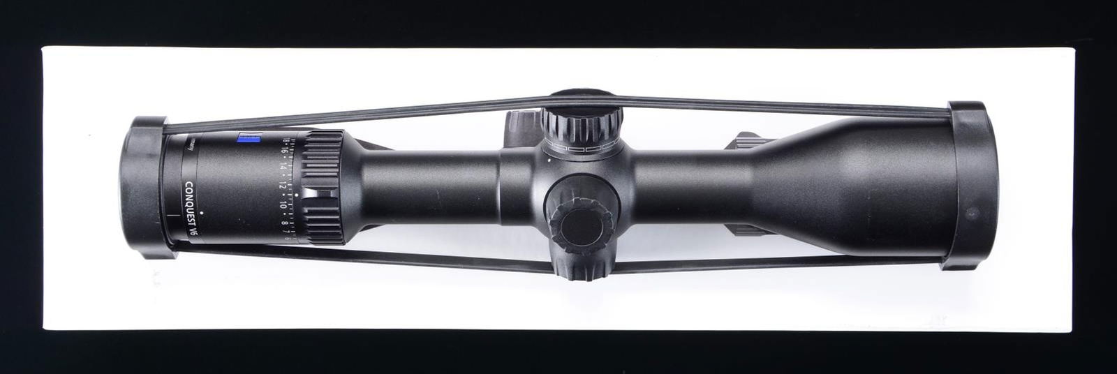 ZEISS CONQUEST V6 3-18X50 SCOPE.: Hunting scope. Matte black finish. 3-18x power. Zeiss number #6 duplex crosshair reticle, dot is not illuminated. Capped turrets. UNATTACHED ACCESSORIES: factory box w/, manual, paperwork & bikini