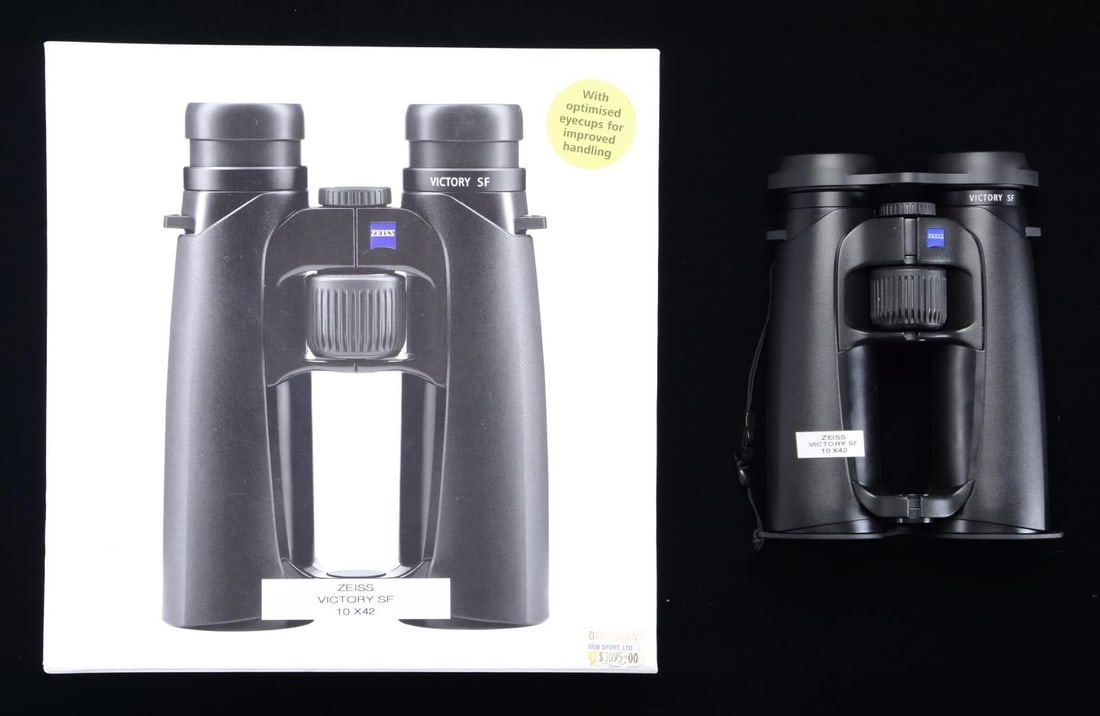 ZEISS VICTORY SF 10X42 BINOCULARS.: Matte black finish. High quality German mfg. optics. 10x power. UNATTACHED ACCESSORIES: factory box w/ carrying case, manual, carry strap & lens covers. CONDITION: all aspects near excellent. PROVENAN