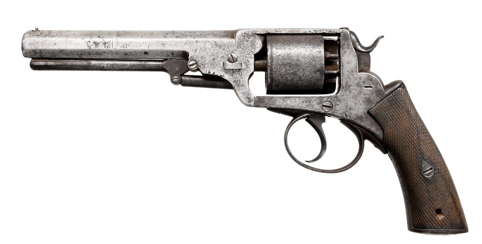 CIVIL WAR ERA WEBLEY WEDGE FRAME LARGE BORE ARMY: REVOLVER. Cal. 54 bore (.442). S# 2150. Standard configuration of the first type Webley big bore army revolver with Colt type loading assembly, 6.25” barrel, “LONDON” engraved on top