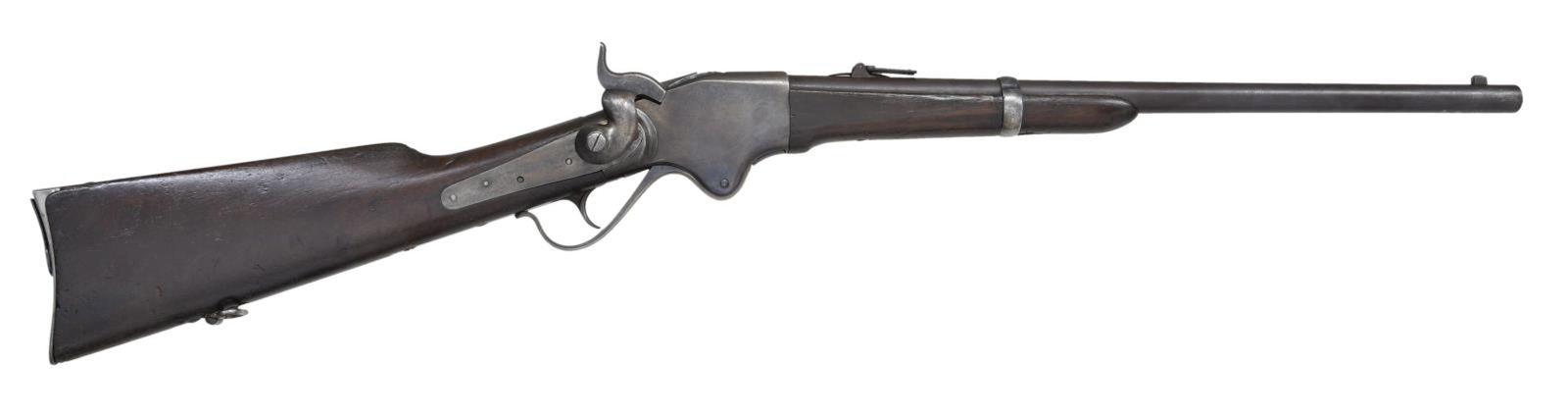 SPENCER CIVIL WAR CARBINE.: CAL. 52 RF. S# 21772. Mfg. 1863-65. Apprx 50,000 mfg. Bbl. 22" with 6 groove rifling. Sling swivel present at the butt. Iron mountings. Crisp stock cartouches. CONDITION: Metal surfaces have a dark pa