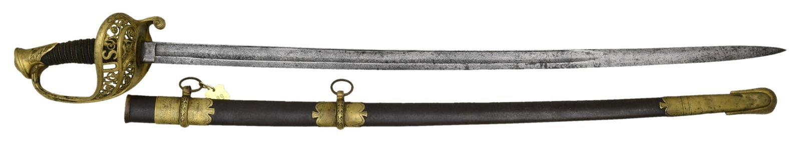 CIVIL WAR PRESENTATION AMES STAFF & FIELD OFFICER: SWORD, LT THOMAS J. BUSH, 24TH KENTUCKY INFANTRY. Ames model 1850 staff and field officer sword, steel scabbard brass mounts, sharkskin grip, pierced floral decorated hilt with large “US”.