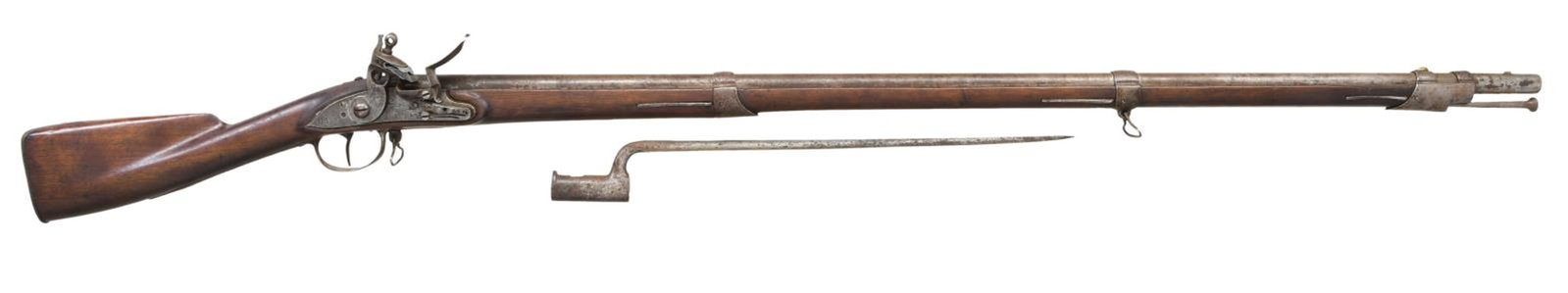 RARE & “AS FOUND” PUBLISHED JACOB DICKERT: ATTRIBUTED US SURCHARGED 1794 CONTRACT MUSKET & BAYONET. Patterned after the 1766 Charleville musket, 59” overall, 44.5” barrel with eaglehead/”P” cartouche stamped on left bre