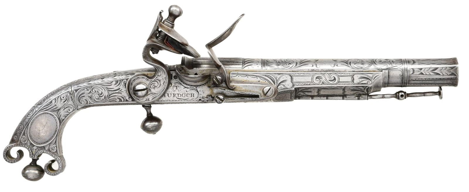 GOOD SCOTTISH ALL METAL PISTOL BY THE WELL KNOWN: T. MURDOCH. Cal. 60. S# NSN. Thomas Murdoch worked in Leith and the famous gunmaking town of Doune from the 1740's until about 1790. He was a very well respected and prolific maker of Scottish metal p