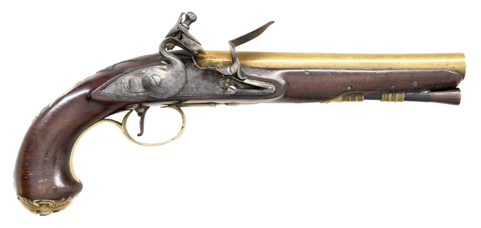 GOOD QUALITY PR. OF BRASS BARRELED BRASS MOUNTED: FLINTLOCK OFFICERS OR HOLSTER PISTOLS ENGRAVED HARVEY. Cal. 60. S# NSN. Robert Harvey was a very famous early London gunmaker apprenticed to John Dafte. Harvey's working dates were between 1702-1725.