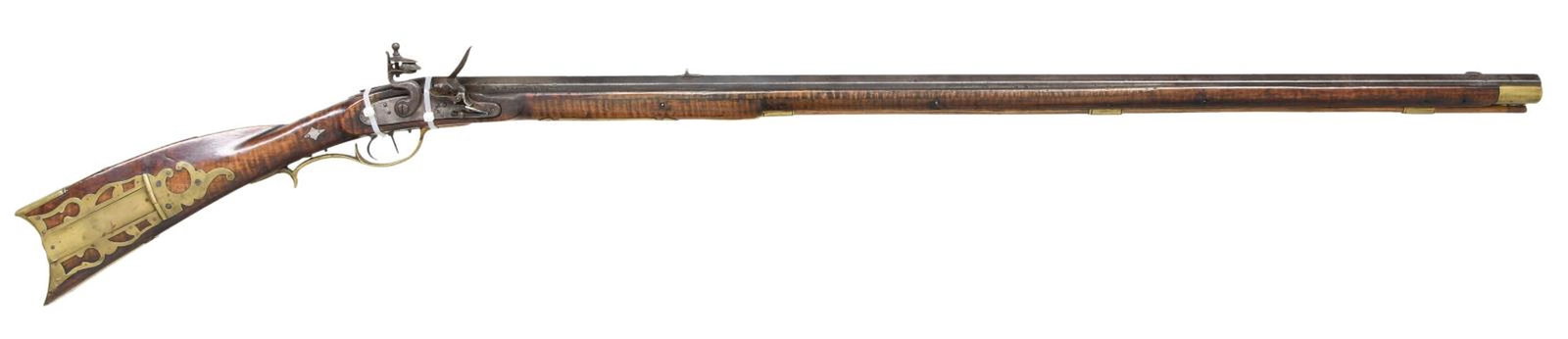 CURLY MAPLE KENTUCKY RIFLE MADE & SIGNED BY: JONATHAN WETZEL. Cal. 50 smooth bore. NSN. Bbl. 38 3/4" full oct. signed in script “J W” w/ 2” engraved weave pattern around rear sight. Overall length. 54". Unmarked English flintlo