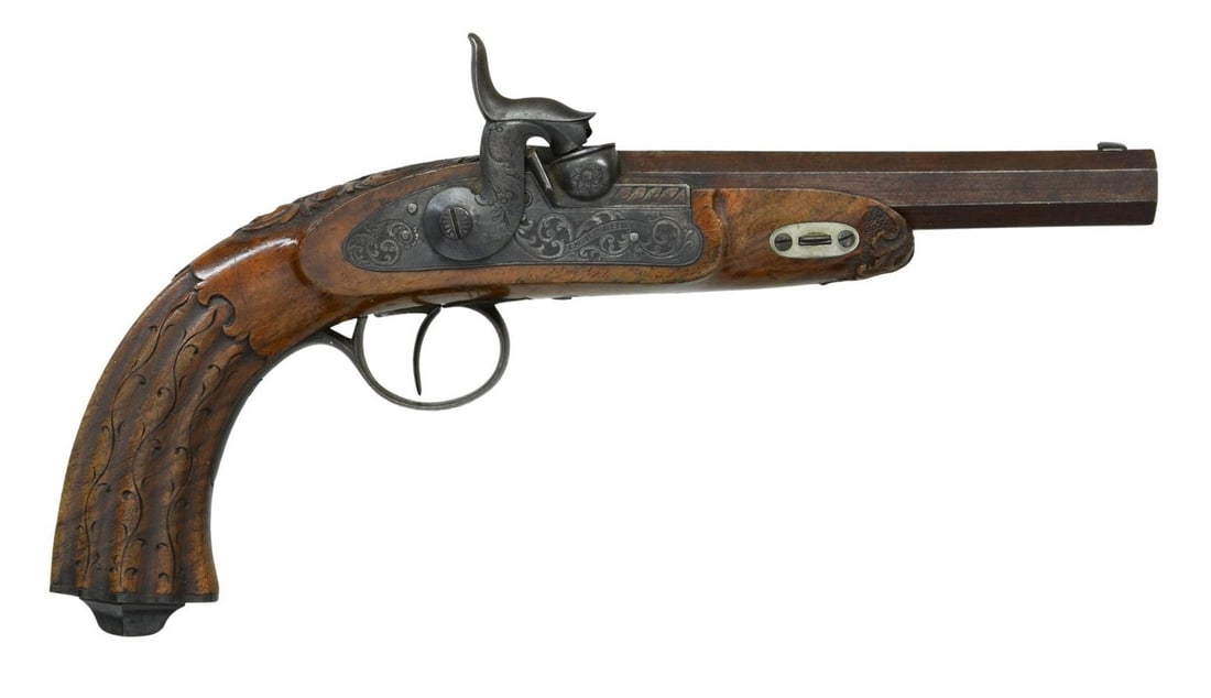ANTON KAUFMANN PERCUSSION PISTOL.: Cal. 45. NSN. Bbl. 5 1/4" smoothbore. Small blade front sight. Bavarian mfg. percussion pistol. Top of bbl. marked "ANTON KAUFMANN". Lock marked "IN KELHIEM". Lock assembly, trigger guard, rear of bbl