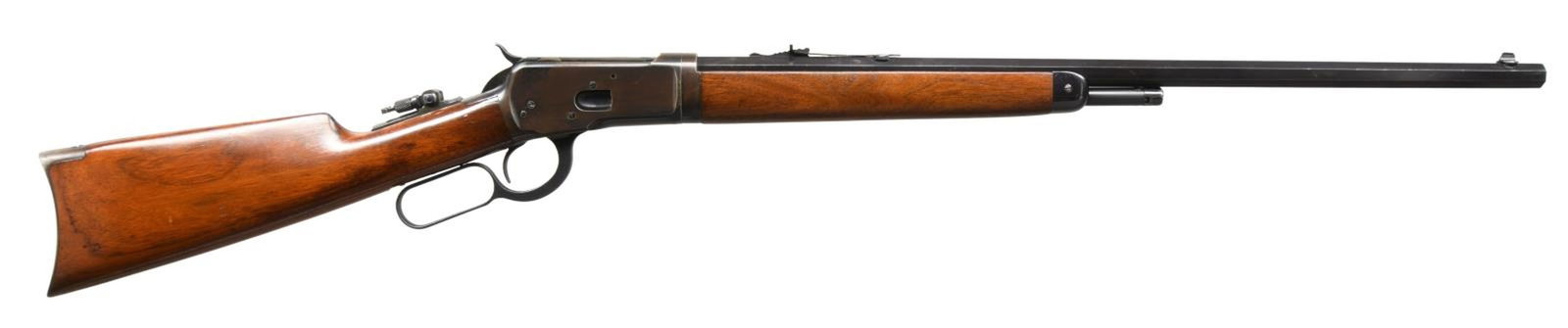 WINCHESTER 1892 TAKEDOWN LEVER ACTION RIFLE.: Cal. 25-20. S# 855341. Bbl. 24" octagon. Marble no. 3 front sight w/ broken bead. Original flat top sporting rear sight w/ Lyman combination tang sight. Half length takedown mag. Blue finish. Walnut f