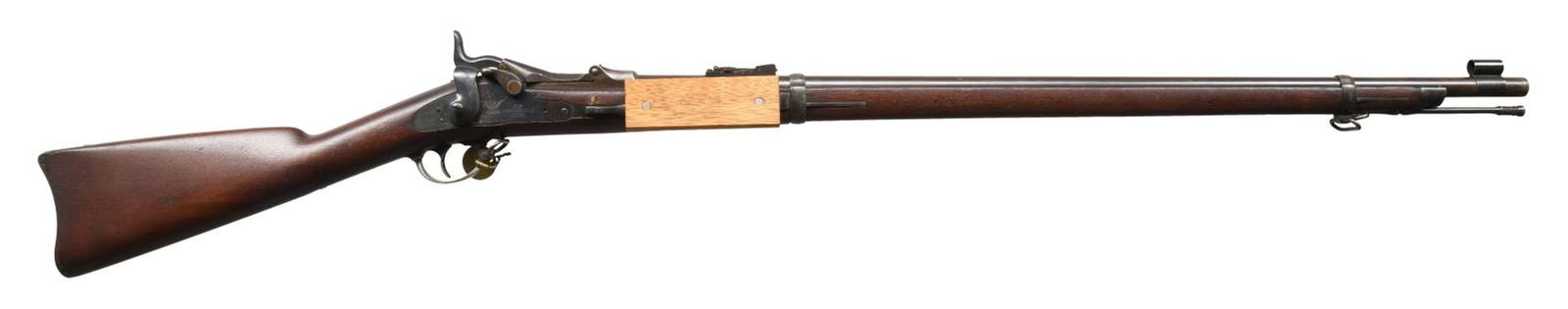 SPRINGFIELD 1873 TRAPDOOR WITH METCALFE CARTRIDGE: BLOCK. Cal. 45-70. S# 62941. Bbl. 32 5/8". Fixed front sight w/ slide on cover & model 1873 rear sight. 1873 dated high arch breech block w/ 1873 dated Springfield lock. Receiver ring has State of Mas