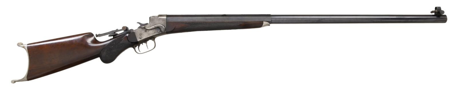 REMINGTON-HEPBURN NO. 3 MATCH RIFLE.: Cal. 38-55. S# 7454. Bbl. 32" octagon to round. Wind-Gauge spirit level front sight, filler in rear dovetail w/ mid range Vernier tang sight. Case colored action. Aftermarket double set triggers. Stee