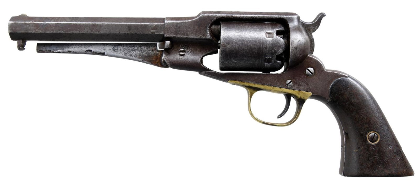 REMINGTON NEW MODEL CLONE REVOLVER.: Cal. 32. NSN. Bbl. 6 1/4" oct. Brass blade front sight. Fixed rear sight. Unmarked vintage clone of a Remington New Model cap & ball revolver in a smaller cal. Brass trigger guard. End of ejector rod 