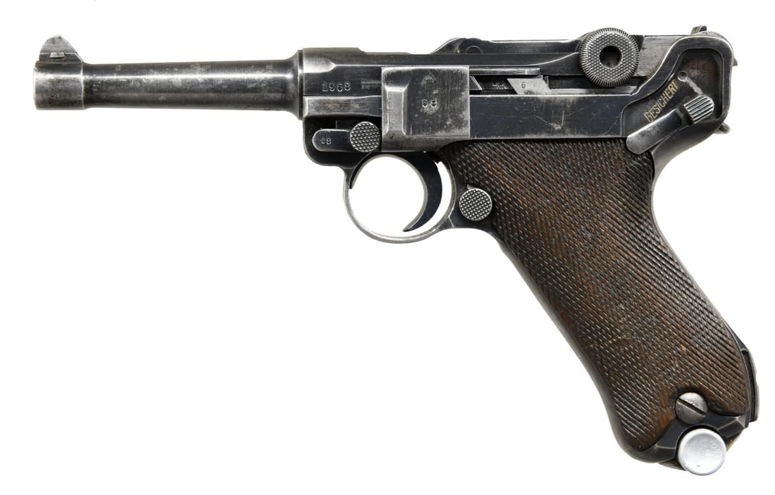 GERMAN WWII MAUSER "S/42" CODE "1940" DATE P.08: LUGER SEMI-AUTOMATIC PISTOL. Cal. 9mmL. S# 1968a. Bbl 4". Standard configuration P.08 Luger manufactured by Mauser during World War II. The top of the receiver is stamped "1940", with Mauser arsenal p